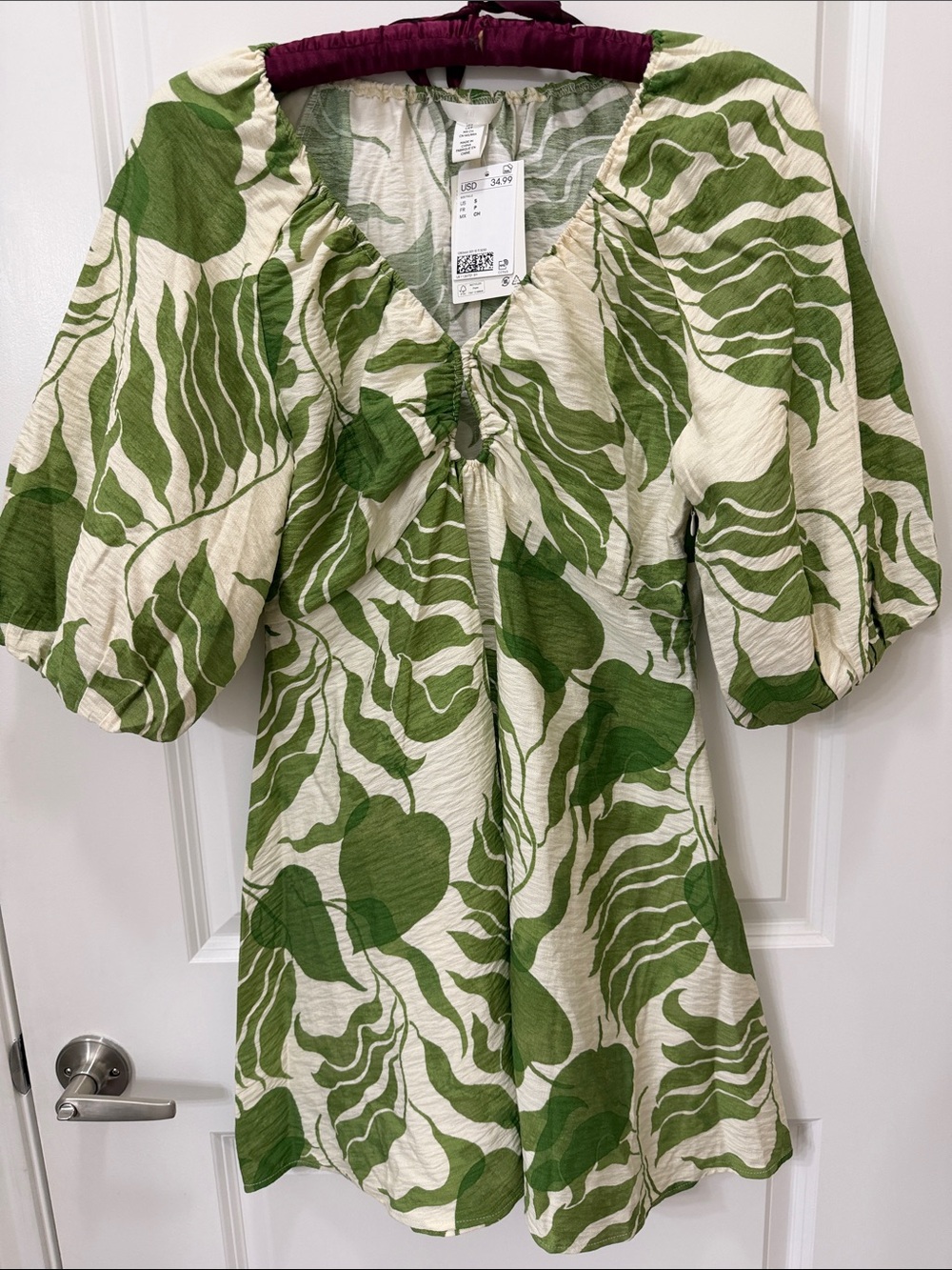 H&M Cream Mini Dress with Green Leaf Print and Puff Sleeves